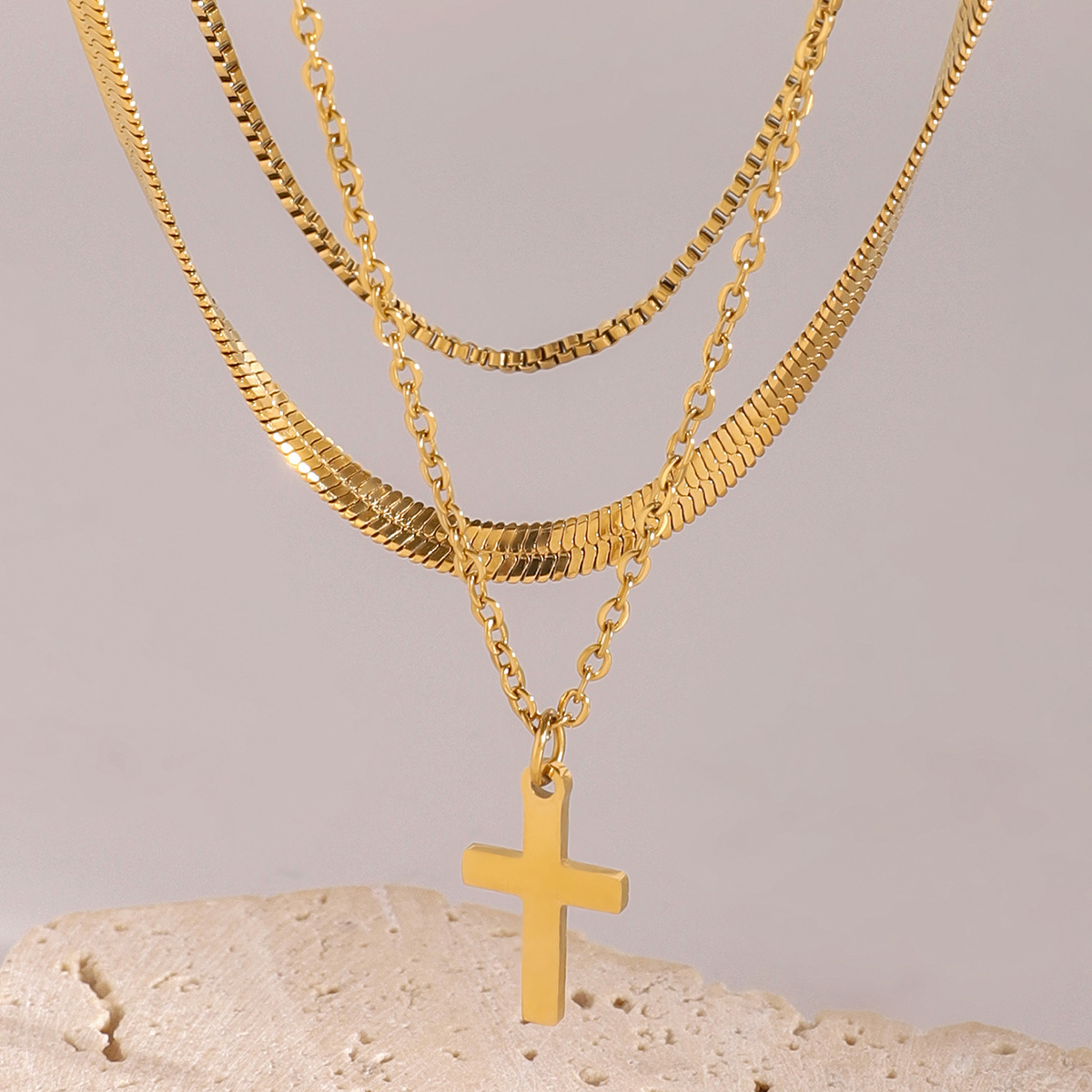 Cute Dainty 14K Gold Layered Necklace – Delicate Cross Pendant, Trendy Minimalist Jewelry