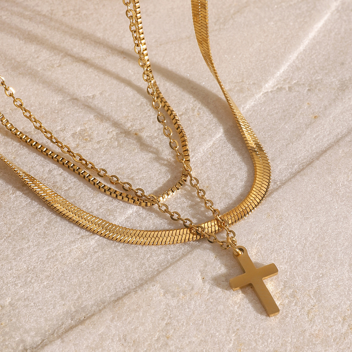 Cute Dainty 14K Gold Layered Necklace – Delicate Cross Pendant, Trendy Minimalist Jewelry