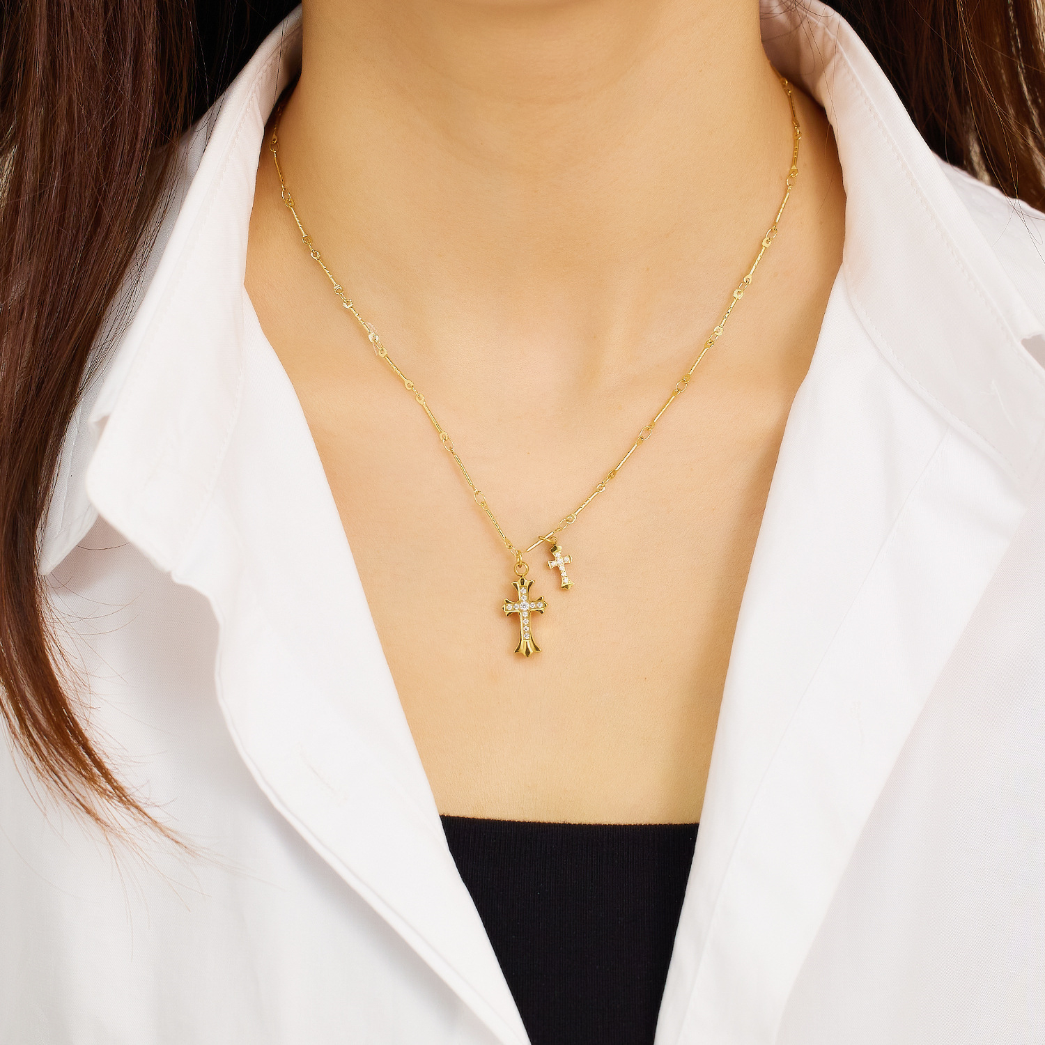 Dainty Gold Cross Pendant Necklace for Women – Elegant Layered Necklace with Cubic Zirconia, Minimalist Jewelry Gift