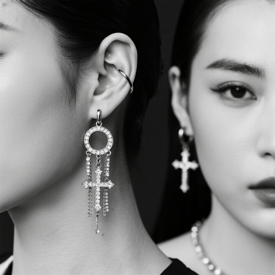 Gothic Dangle Cross Earrings for Women, Rhinestone Crystal Statement Long Drop Earrings, Punk Rock Fashion Jewelry