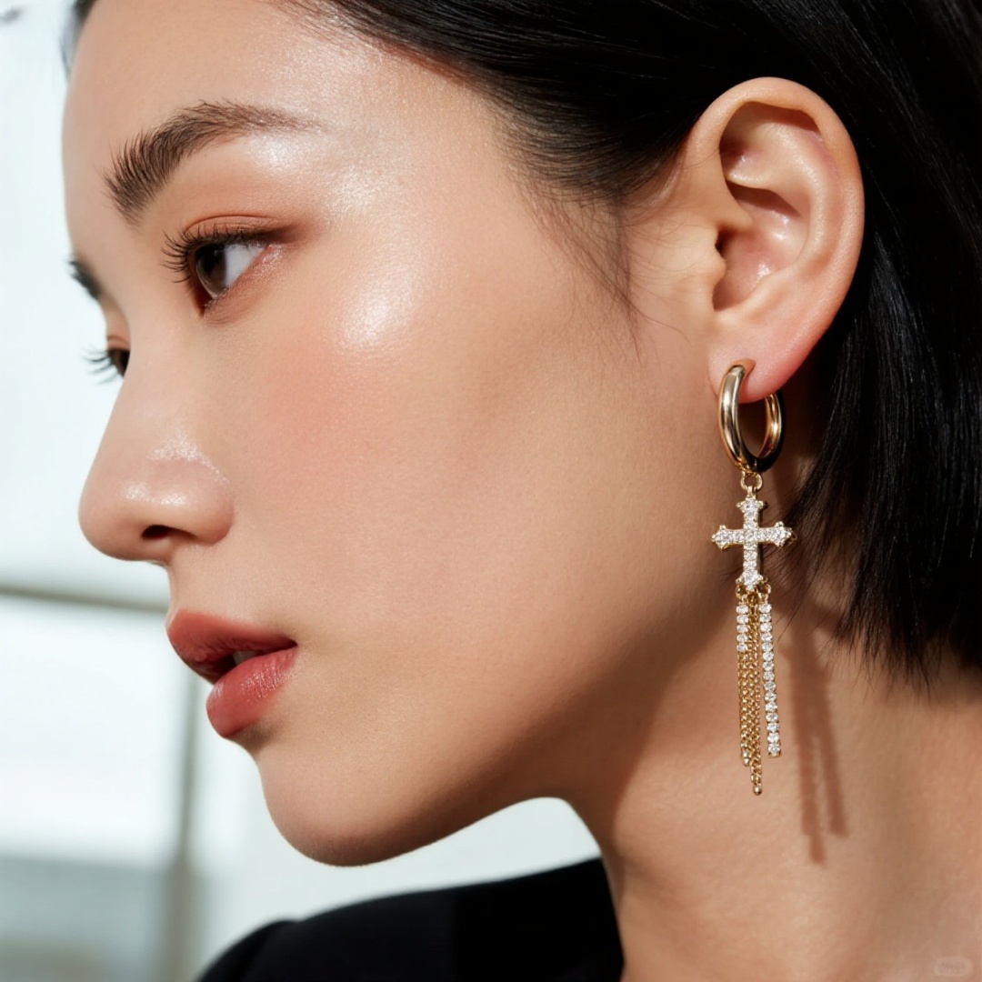 Elegant Dangling Cross Earrings for Women, Gold Plated Rhinestone Tassel Drop Statement Jewelry