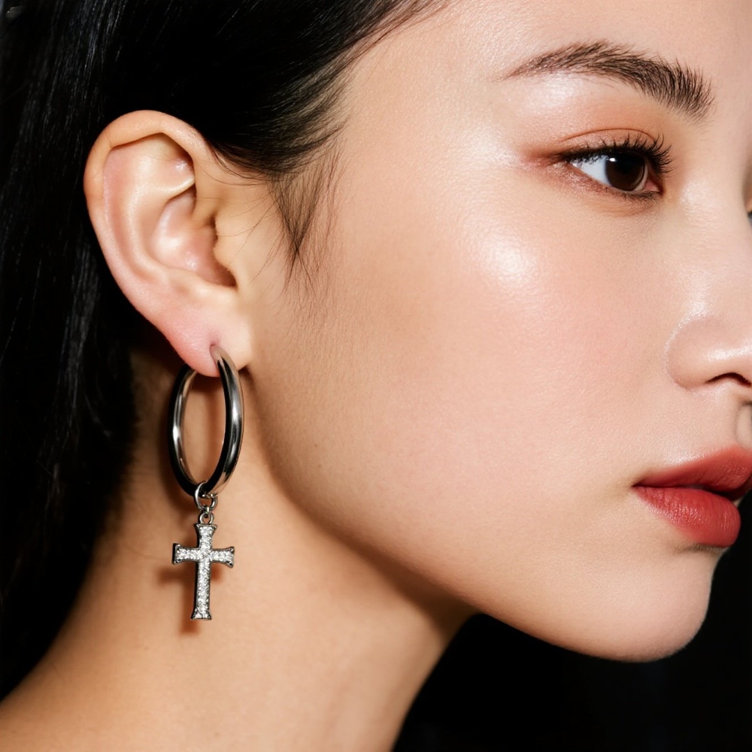 Modern Dangly Cross Earrings for Women, Silver Hoop Drop with Rhinestone Charm, Minimalist Statement Jewelry