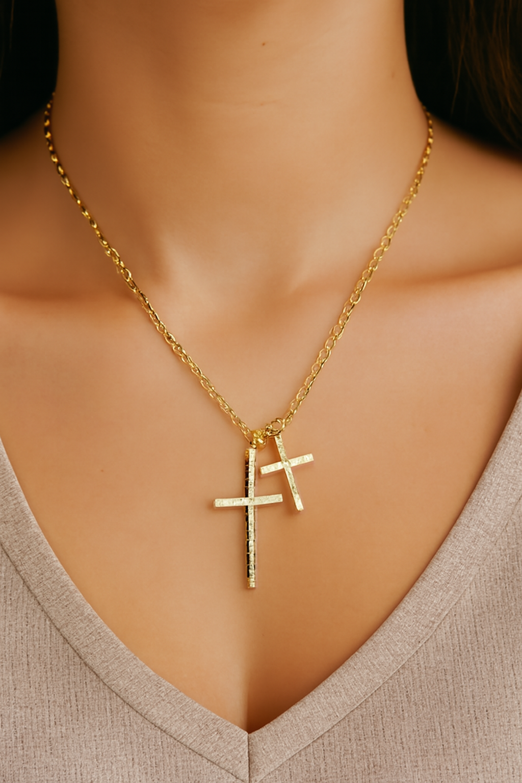Double Cross Necklace – Elegant Double Chain Cross Necklace in Gold and Silver