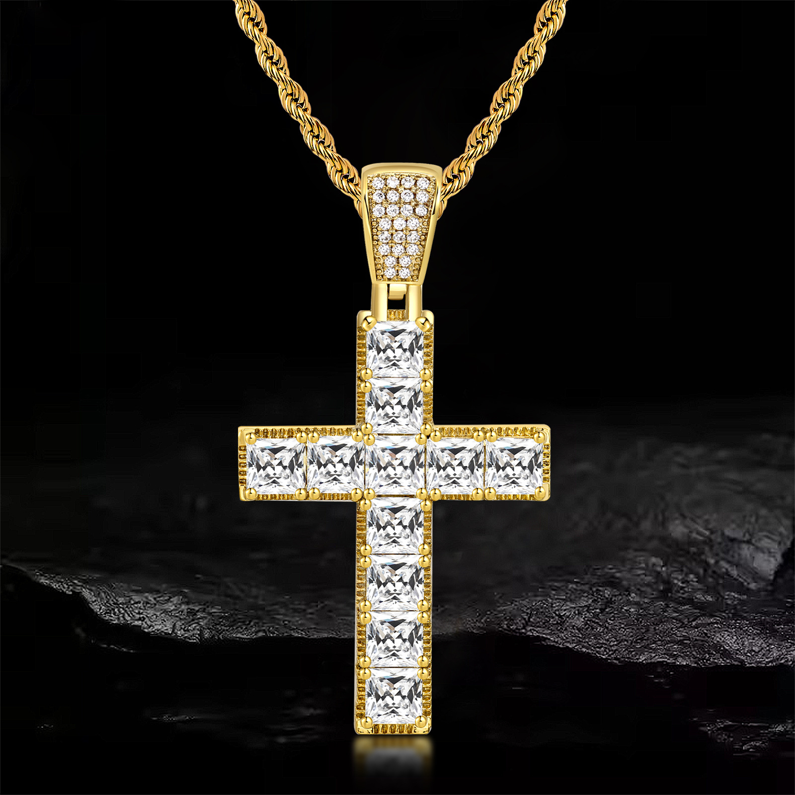 Durable Cross Necklace, Rustic Gold Rope Chain Men’s Pendant, Square CZ Hip-Hop Necklace