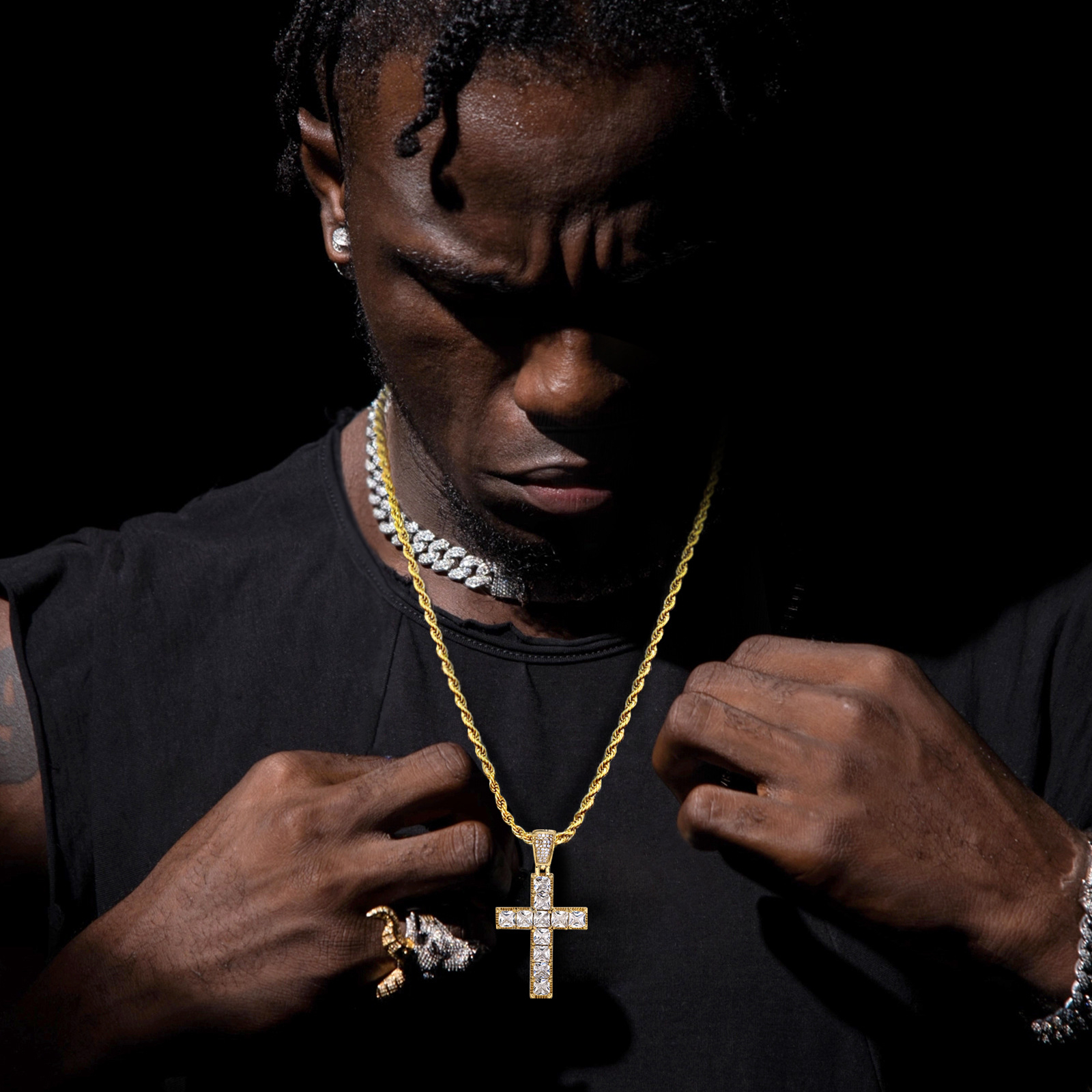 Durable Cross Necklace, Rustic Gold Rope Chain Men’s Pendant, Square CZ Hip-Hop Necklace
