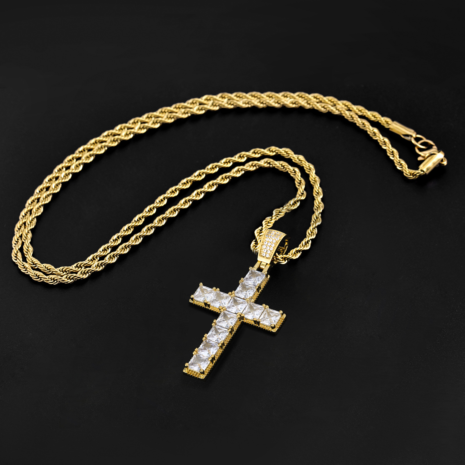 Durable Cross Necklace, Rustic Gold Rope Chain Men’s Pendant, Square CZ Hip-Hop Necklace