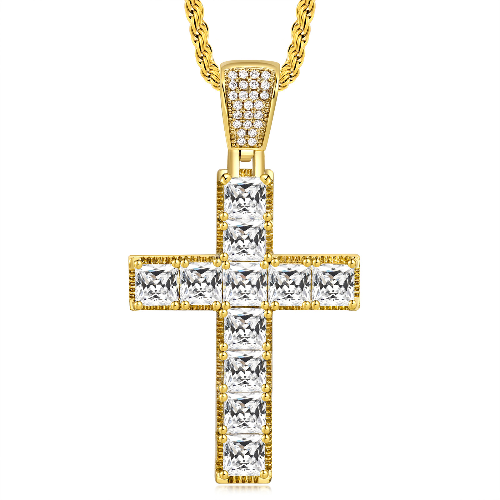 Durable Cross Necklace, Rustic Gold Rope Chain Men’s Pendant, Square CZ Hip-Hop Necklace