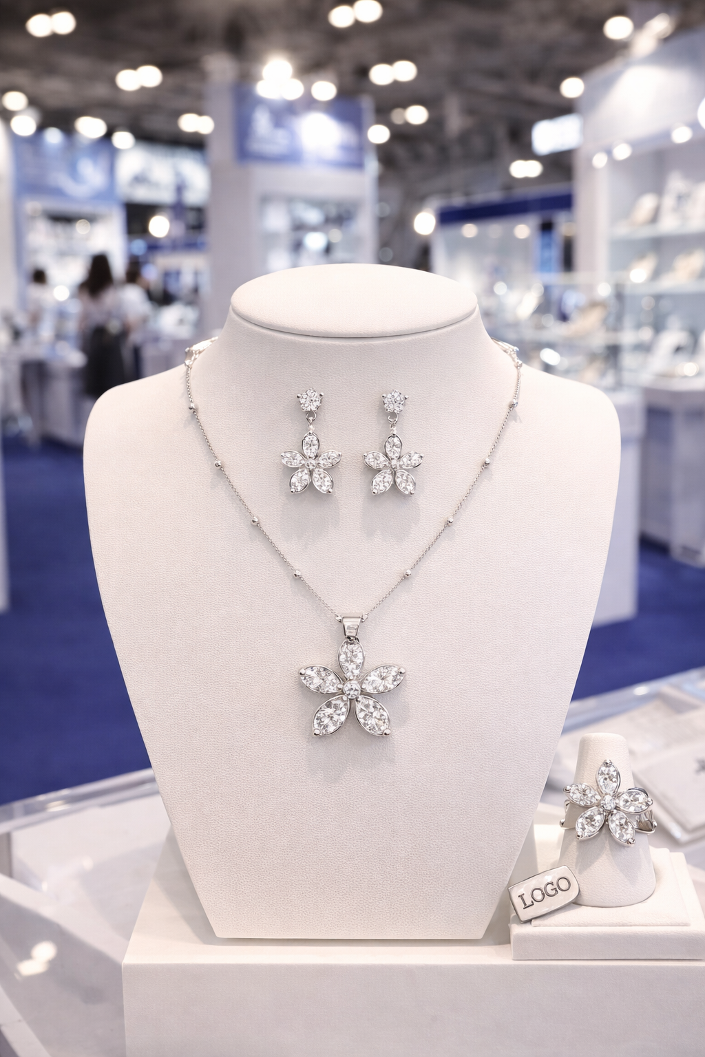 Luxury Flower Stainless Steel Jewelry Set Necklace Earrings Ring Crystal Bridal Jewelry