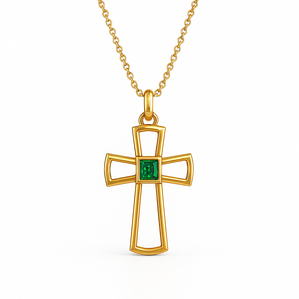 Elegant Transparent Empty Cross Necklace with Emerald Accent – Gold Plated Chain
