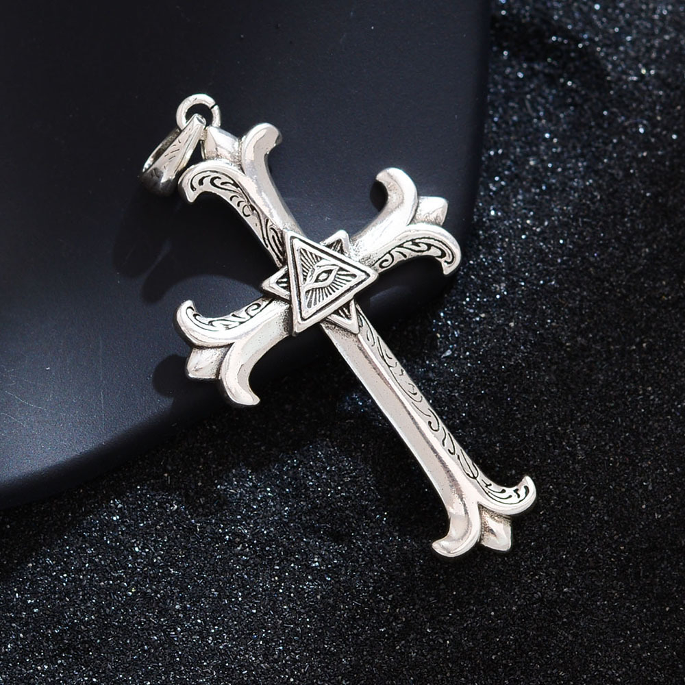 Vintage Engraved Cross Pendant Necklace for Men – Gothic All-Seeing Eye Cross Jewelry