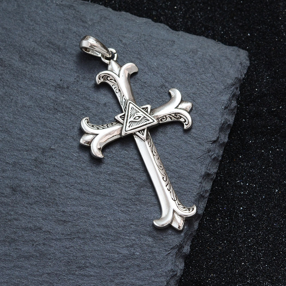 Vintage Engraved Cross Pendant Necklace for Men – Gothic All-Seeing Eye Cross Jewelry
