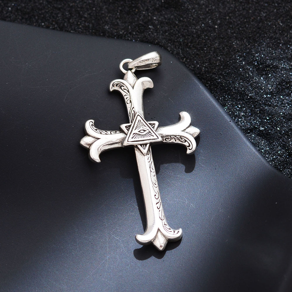 Vintage Engraved Cross Pendant Necklace for Men – Gothic All-Seeing Eye Cross Jewelry