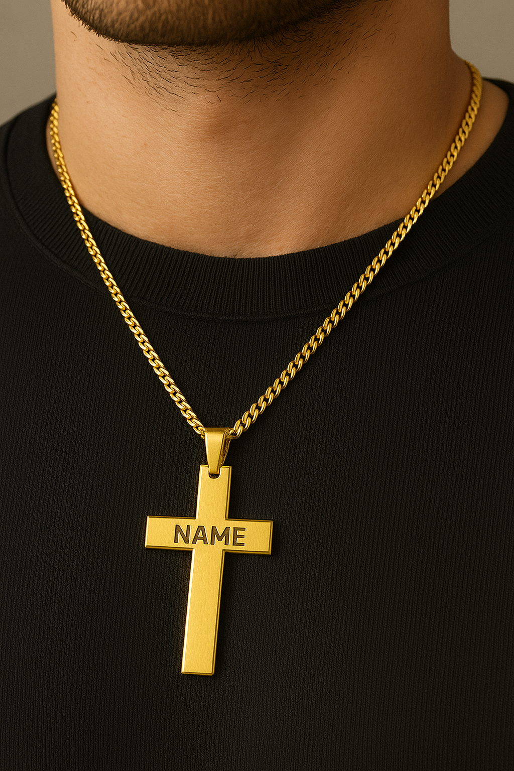 Engraved Gold Cross Necklace for Men