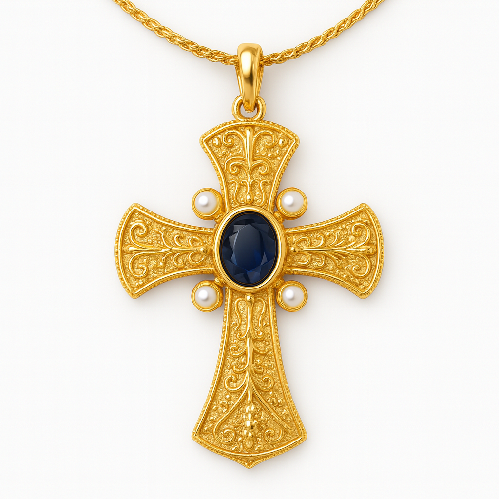 Vintage Anglican Cross Pendant with Blue Sapphire and Pearl – Episcopal Gold Necklace