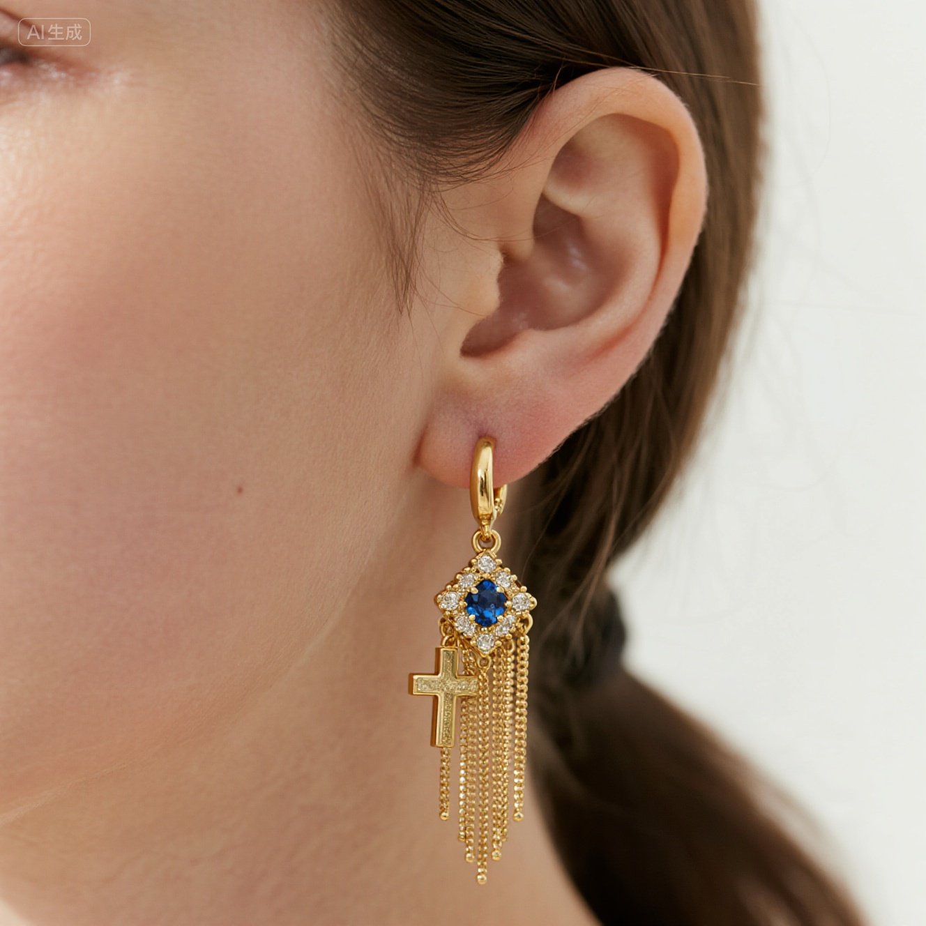 Expensive Jewelry – Gold Cross Dangle Earrings with Blue Sapphire and Diamond Halo