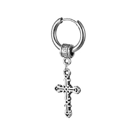 Christian Cross Earring - Silver Hoop Pendant