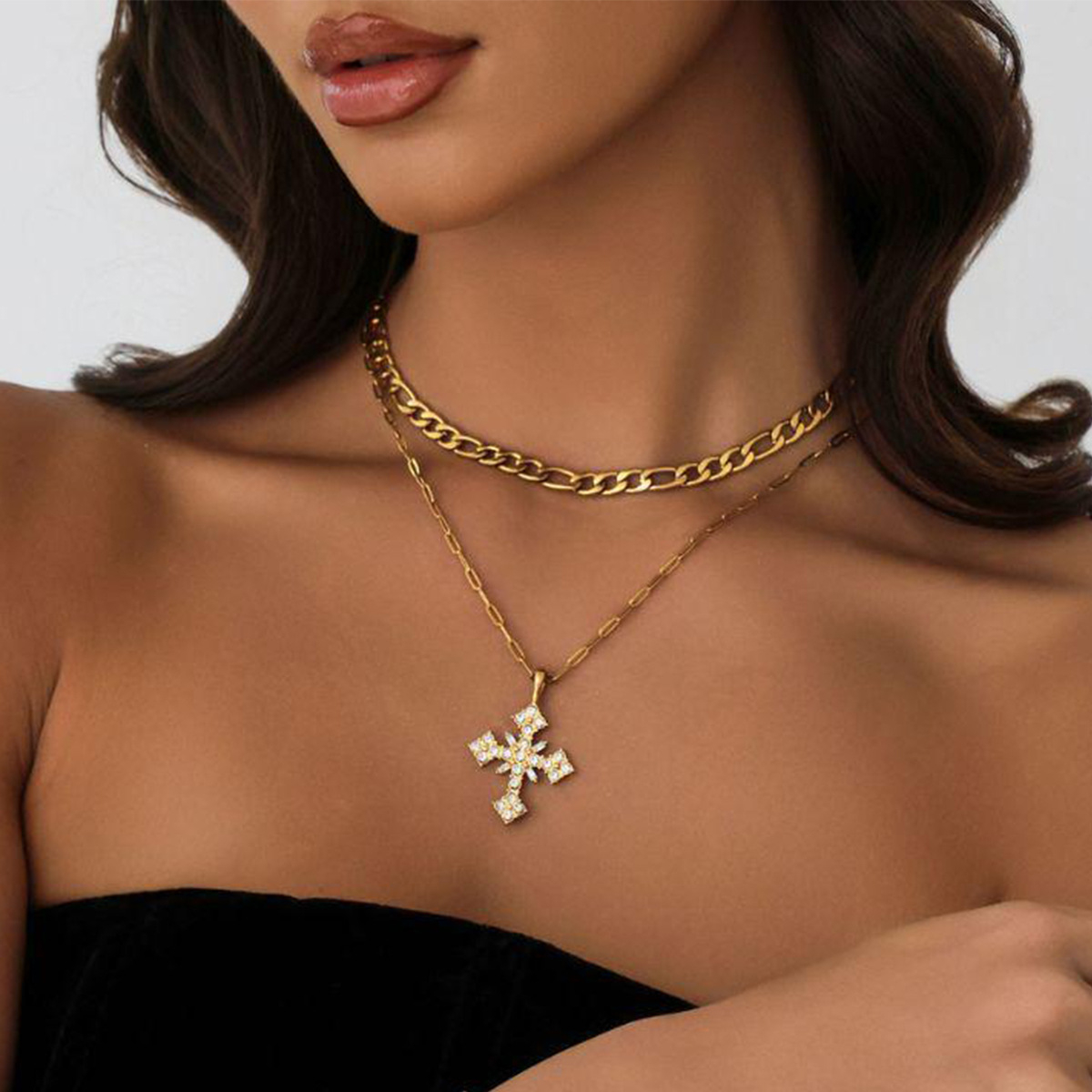 Layered Gold Faith Cross Necklace for Women – Religious Crystal Pendant Necklace