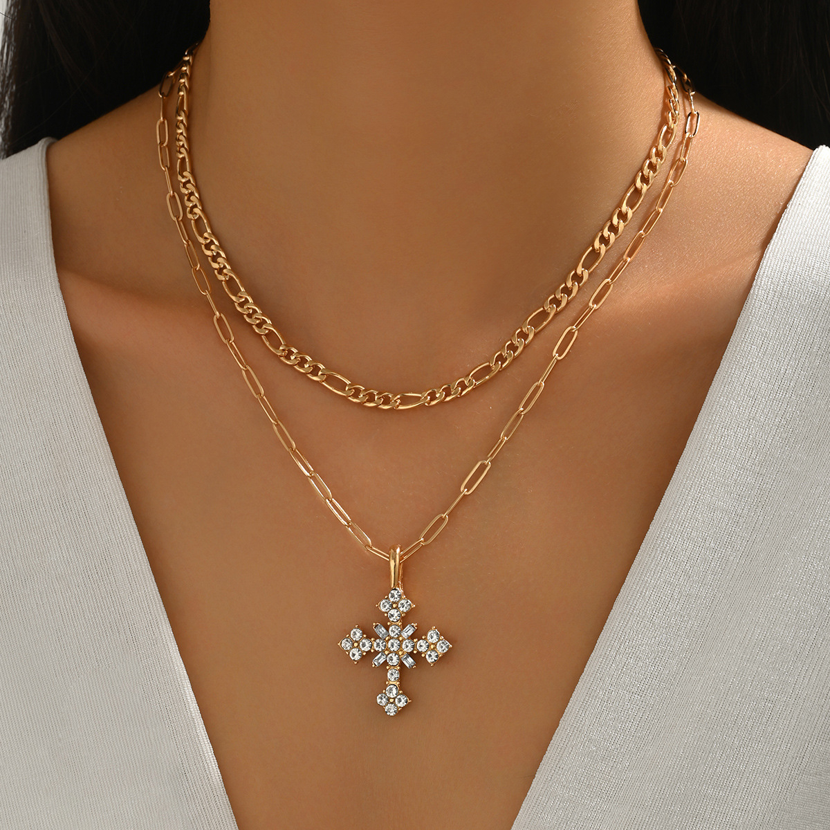 Layered Gold Faith Cross Necklace for Women – Religious Crystal Pendant Necklace