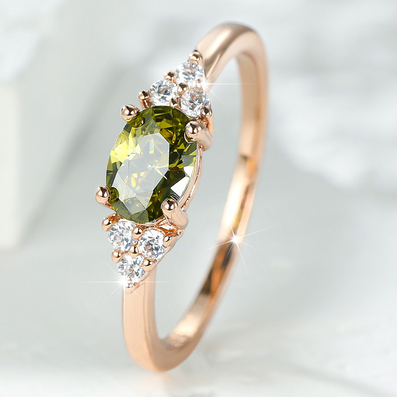 Fashion Ring for Women – Olive Green Zircon with Rose Gold Finish, Elegant 3-Stone Design