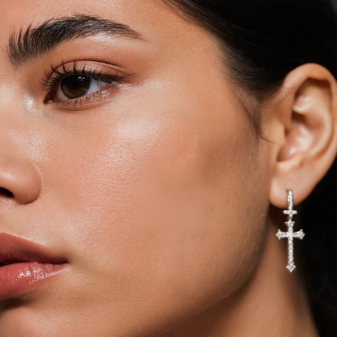 Elegant Diamond Cross Hoop Earrings, Fine Jewelry for Women, White Gold Plated Dainty Drop Earrings