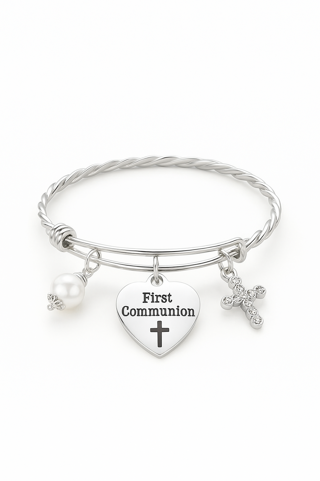 Girls' First Communion Charm Bracelet – Heart, Cross & Pearl Bangle for 1st Holy Communion Gift