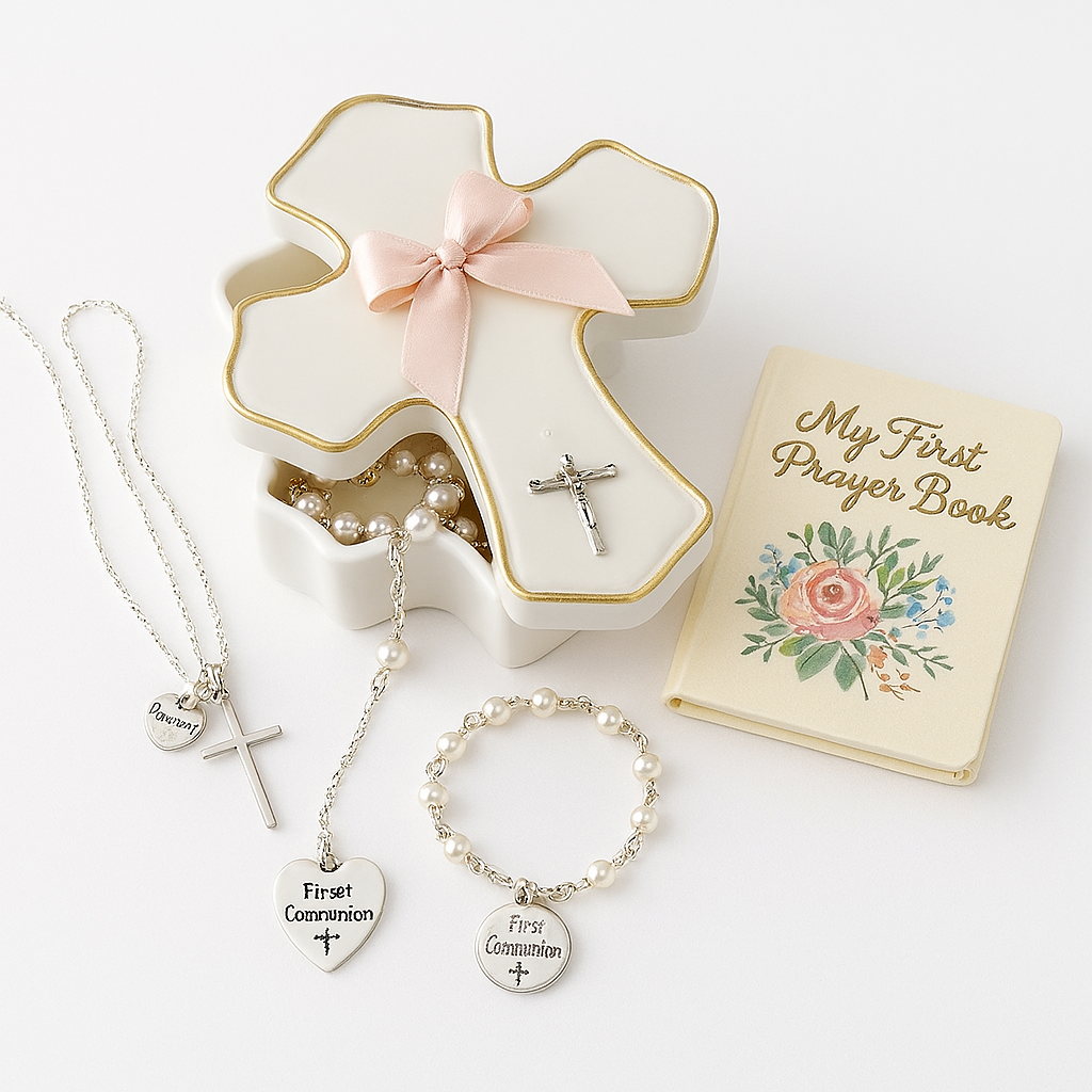 First Communion Gift Set for Girls – Cross Necklace, Rosary, Bracelet, Prayer Book & Keepsake Box