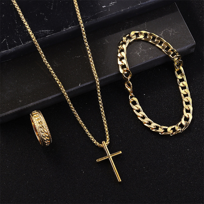 Men’s Gold Chain and Bracelet Set – Cross Pendant Necklace & Curb Bracelet Jewelry Set