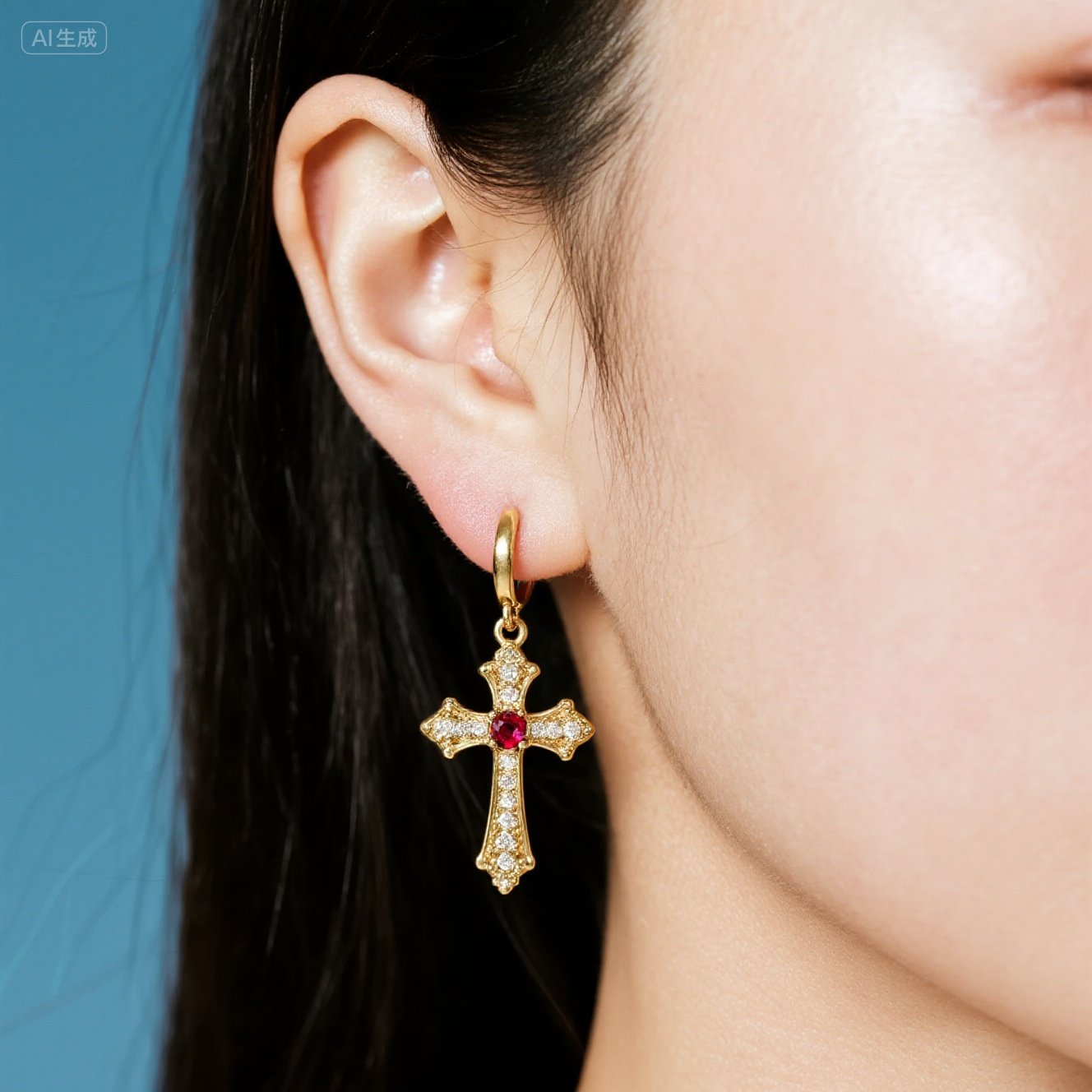 Gold Cross Earrings with Red Gem and Crystal Accents