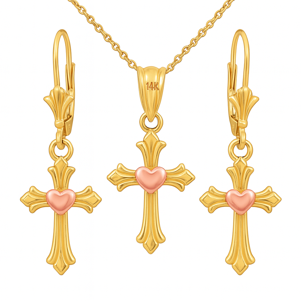 14K Gold Cross Necklace and Earring Set – Gold Cross Necklace and Earrings with Heart Accent