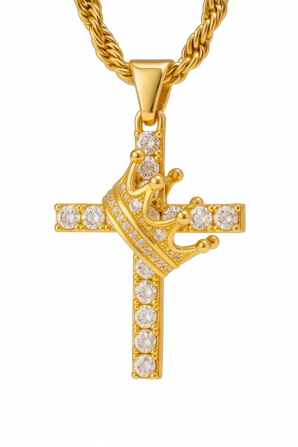 Gold Cross Necklace with Crown Pendant