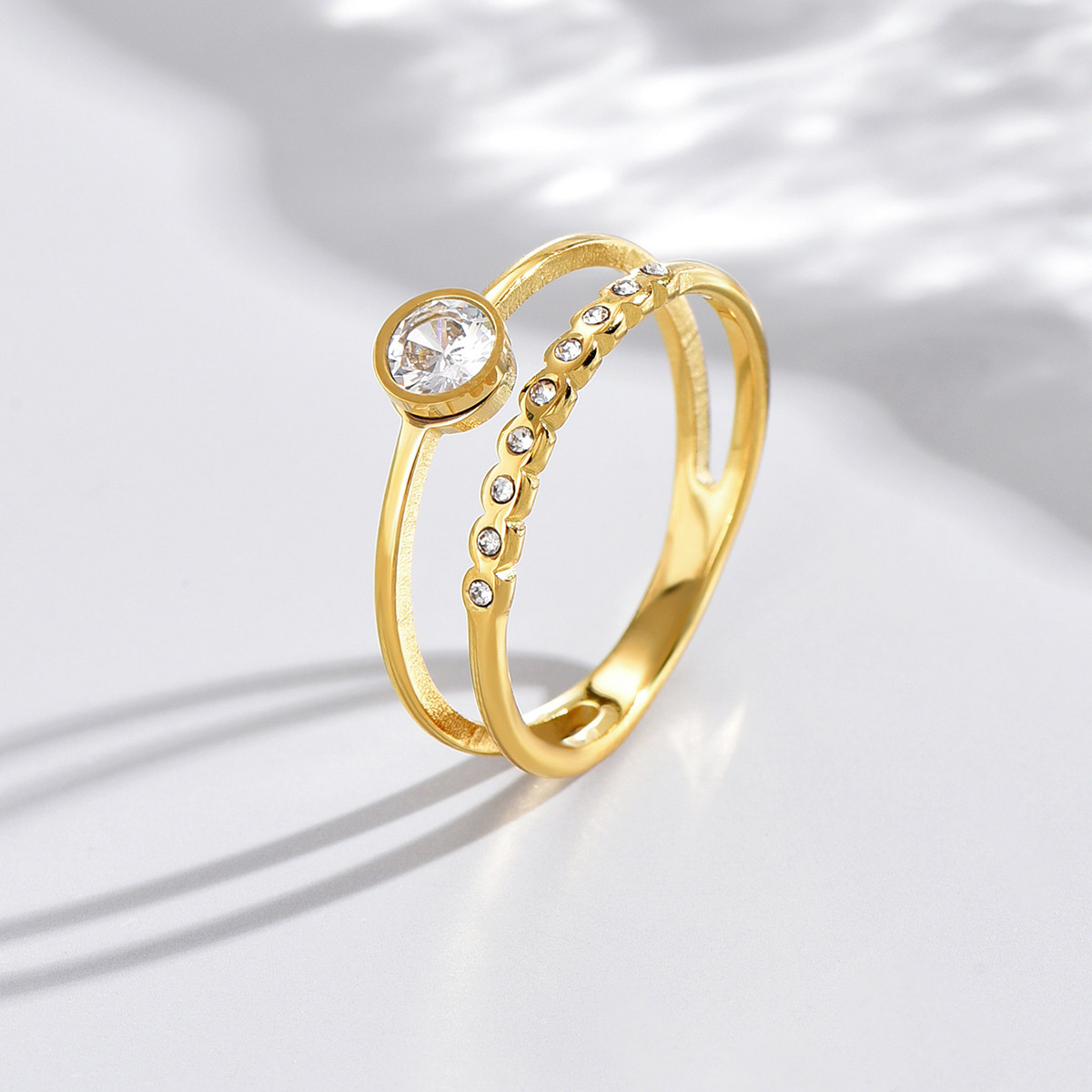 Gold Stainless Steel Zircon Ring for Women - Elegant Open Adjustable Band