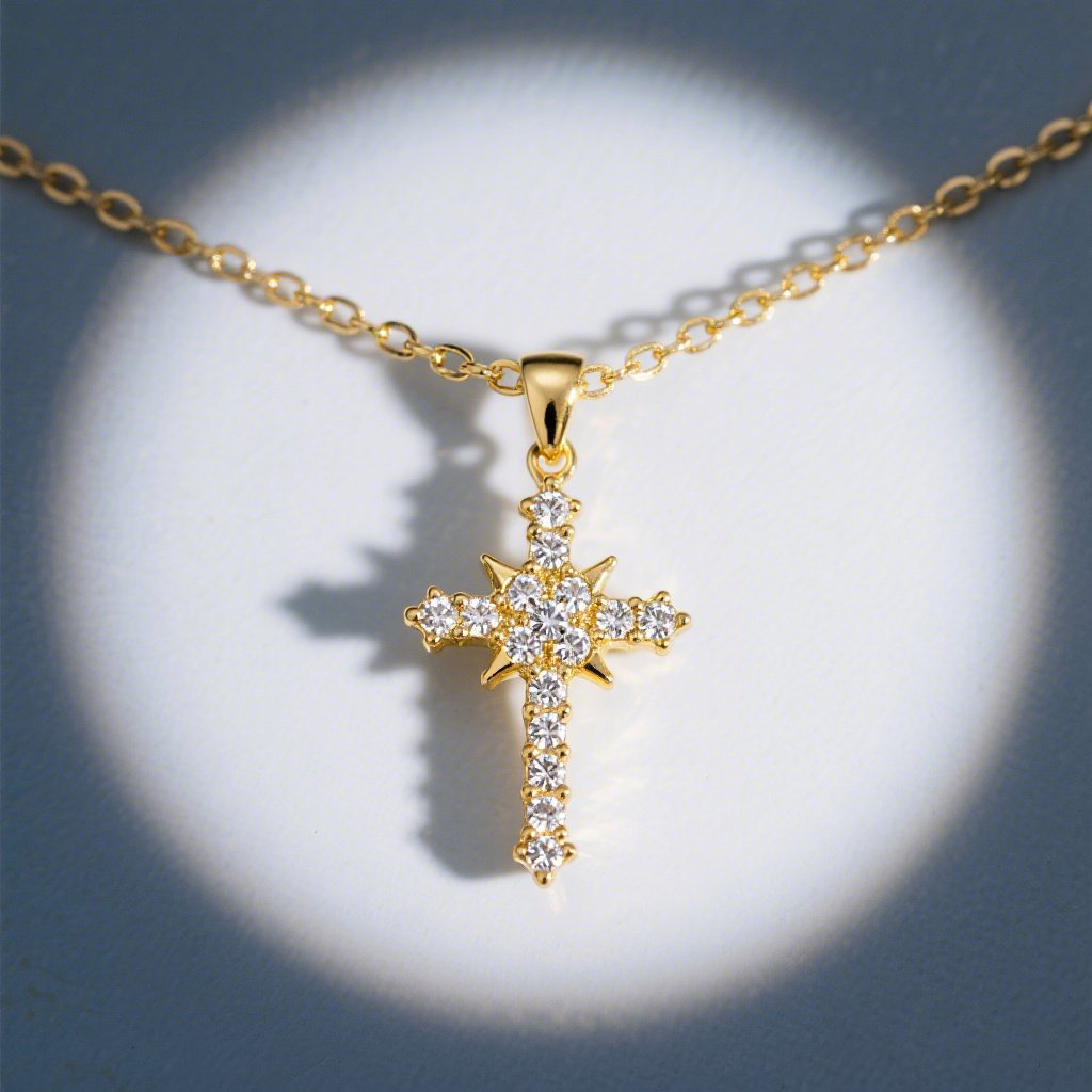 Gold Cross Necklace with Sparkling CZ Stones – Elegant Religious Jewelry Pendant for Women