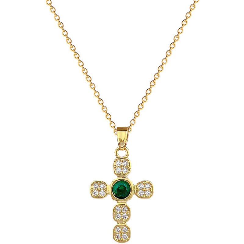 Elegant Gold Cross Necklace with Green & Clear Zirconia Pendant for Women | Vintage Fashion Jewelry
