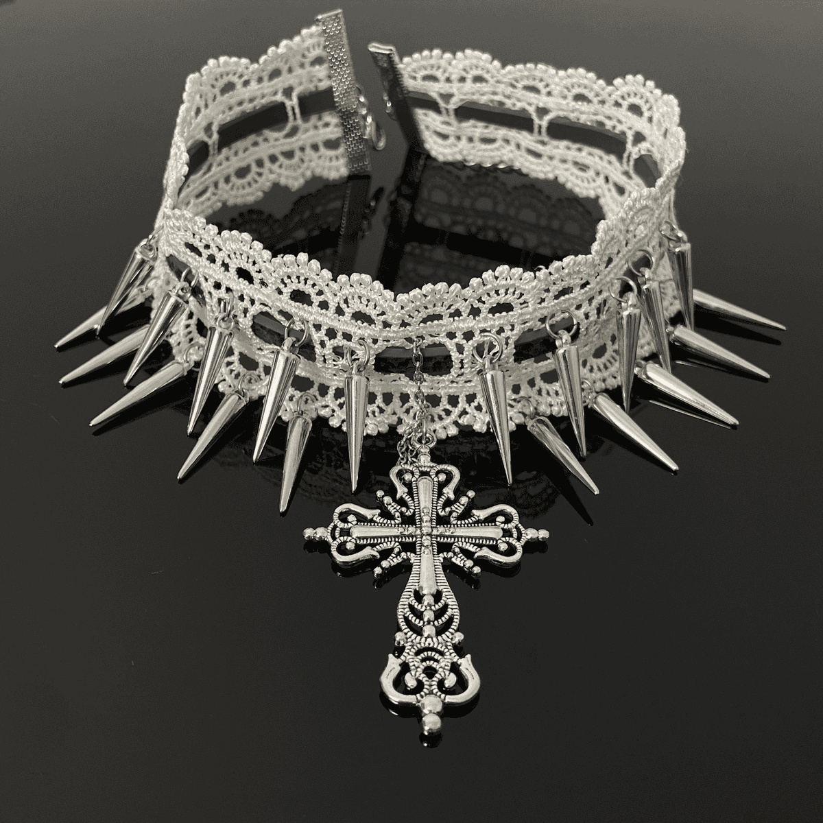 Gothic Spiked Cross Pendant Lace Choker Punk Lolita Necklace for Women