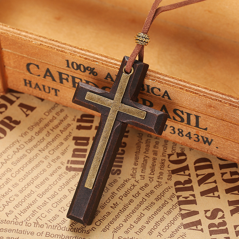 Handcrafted Wooden Cross Necklace for Men – Rustic Engraved Pendant with Leather Cord