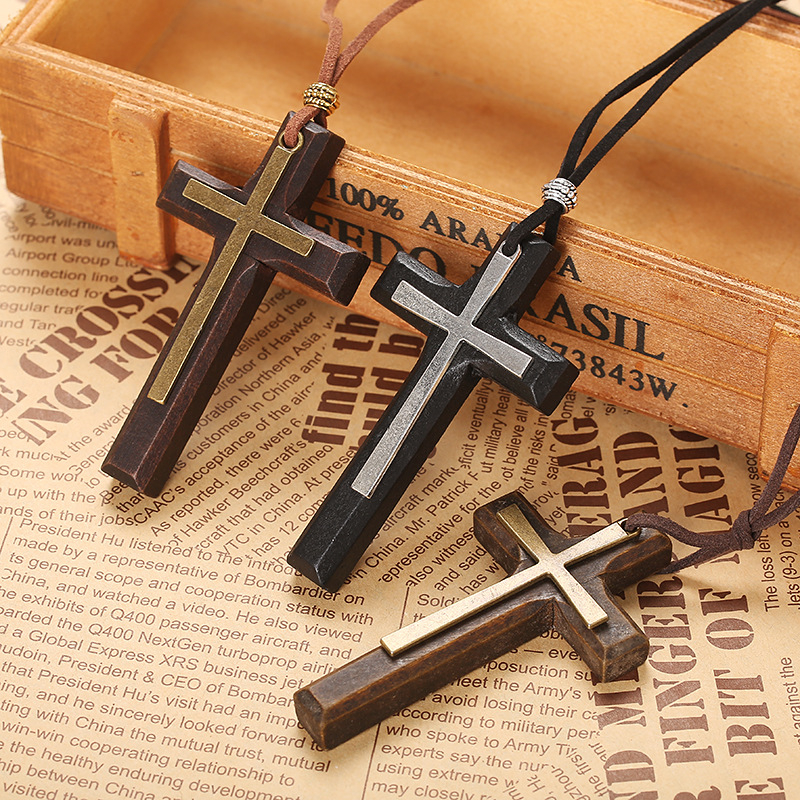 Handcrafted Wooden Cross Necklace for Men – Rustic Engraved Pendant with Leather Cord