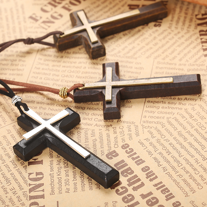 Handcrafted Wooden Cross Necklace for Men – Rustic Engraved Pendant with Leather Cord
