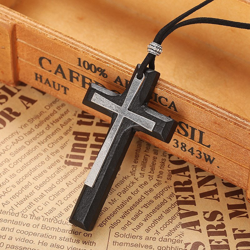 Handcrafted Wooden Cross Necklace for Men – Rustic Engraved Pendant with Leather Cord