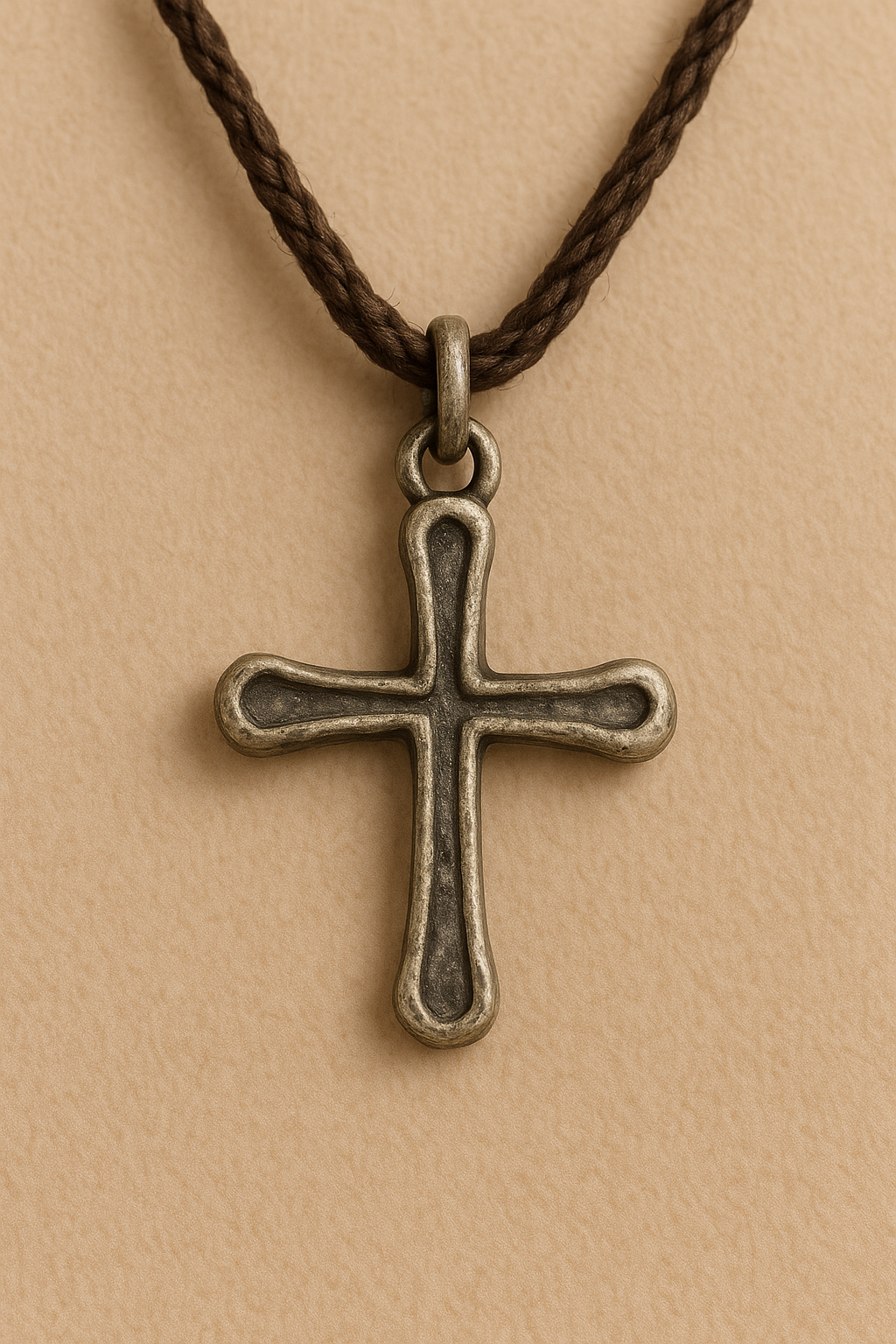 Handmade Cross Pendant Necklace – Rustic Vintage Style, Brown Braided Cord