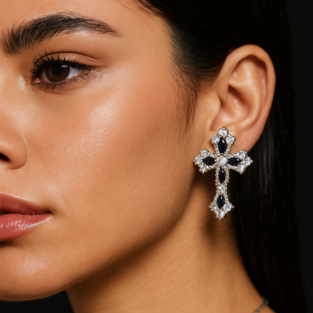 Luxury Hanging Cross Statement Earrings for Women, Silver-Tone Crystal & Black Gemstone Stud Drop Earrings