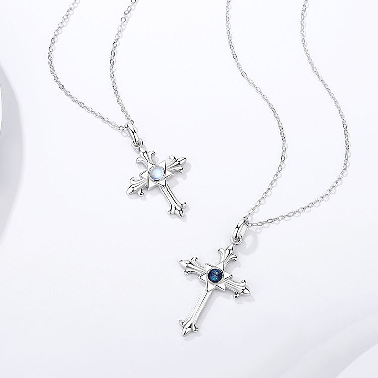 925 Sterling Silver Gothic Cross Necklace with Hexagram Blue Gemstone Pendant
