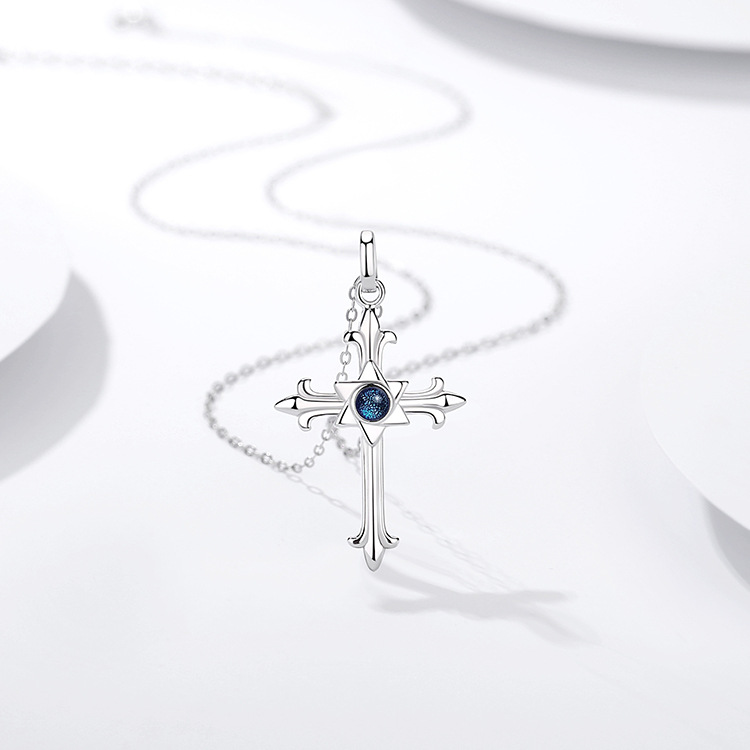 925 Sterling Silver Gothic Cross Necklace with Hexagram Blue Gemstone Pendant