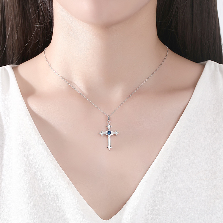 925 Sterling Silver Gothic Cross Necklace with Hexagram Blue Gemstone Pendant
