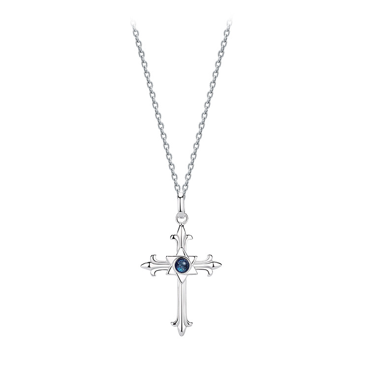 925 Sterling Silver Gothic Cross Necklace with Hexagram Blue Gemstone Pendant