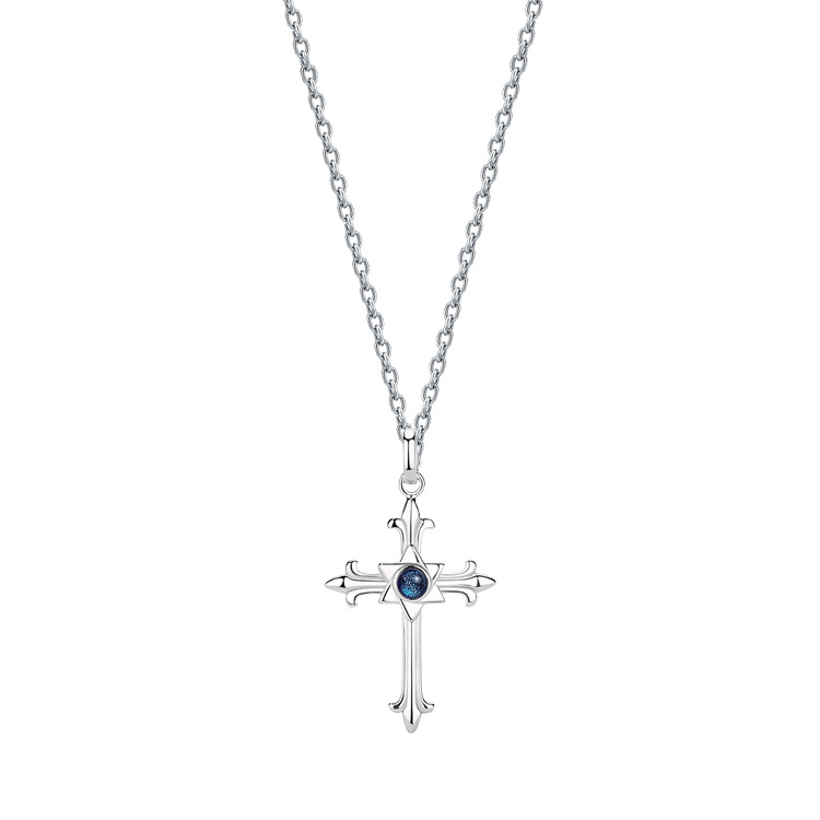 925 Sterling Silver Gothic Cross Necklace with Hexagram Blue Gemstone Pendant