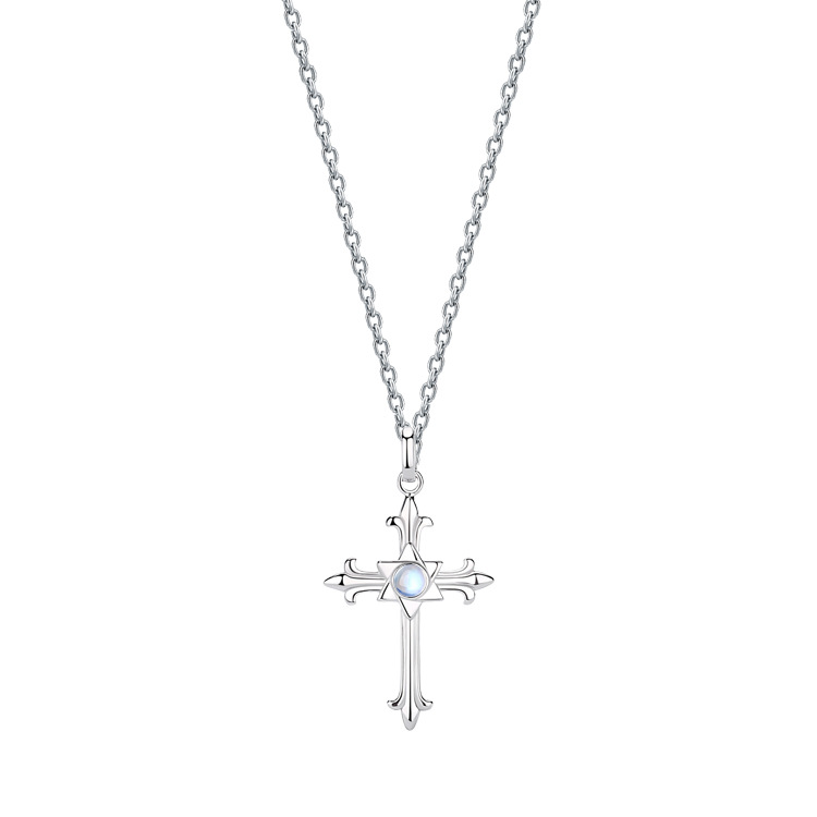 925 Sterling Silver Gothic Cross Necklace with Hexagram Blue Gemstone Pendant