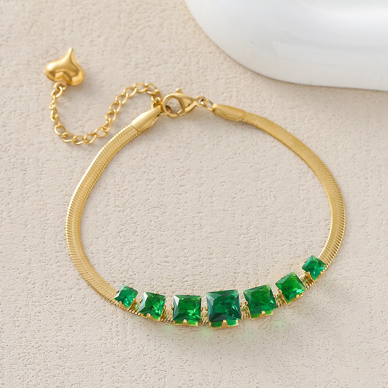 Elegant Gold Snake Chain Bracelet with Green Square Gemstones – Wholesale Gemstone Jewelry