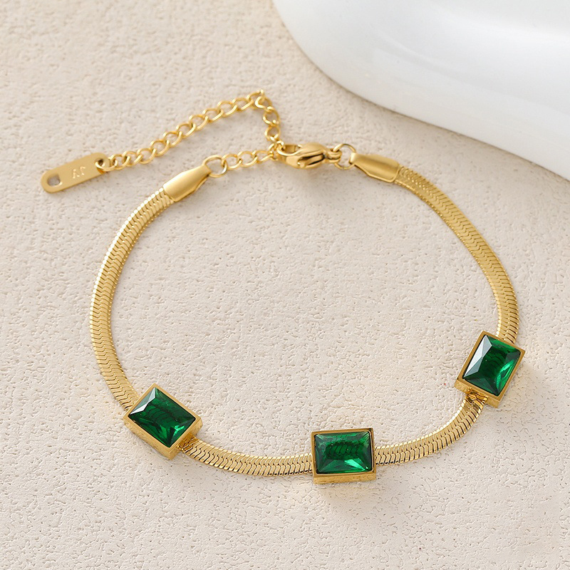Elegant Gold Snake Chain Bracelet with Green Square Gemstones – Wholesale Gemstone Jewelry