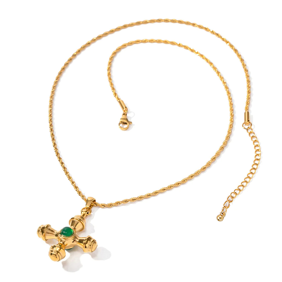 Vintage Plating Gold Cross Necklace with Green Gemstone Pendant, Adjustable Rope Chain, Unisex Jewelry for Gifts and Daily Wear