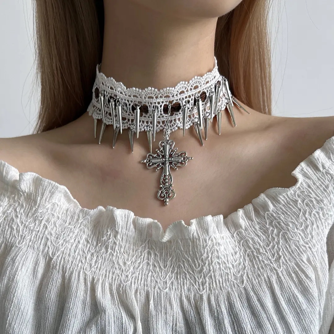 Gothic Spiked Cross Pendant Lace Choker Punk Lolita Necklace for Women